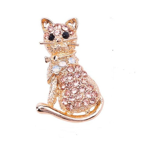 Cat Rhinestone brooch with black eyes and gold