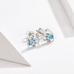 Sterling Silver Blue Crystal Paw Heart Earrings