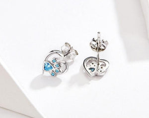 Sterling Silver Blue Crystal Paw Heart Earrings