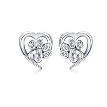 Load image into Gallery viewer, Sterling Silver White Crystal Paw Heart Earrings

