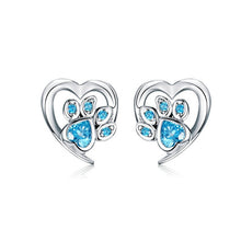 Load image into Gallery viewer, Sterling Silver Blue Crystal Paw Heart Earrings
