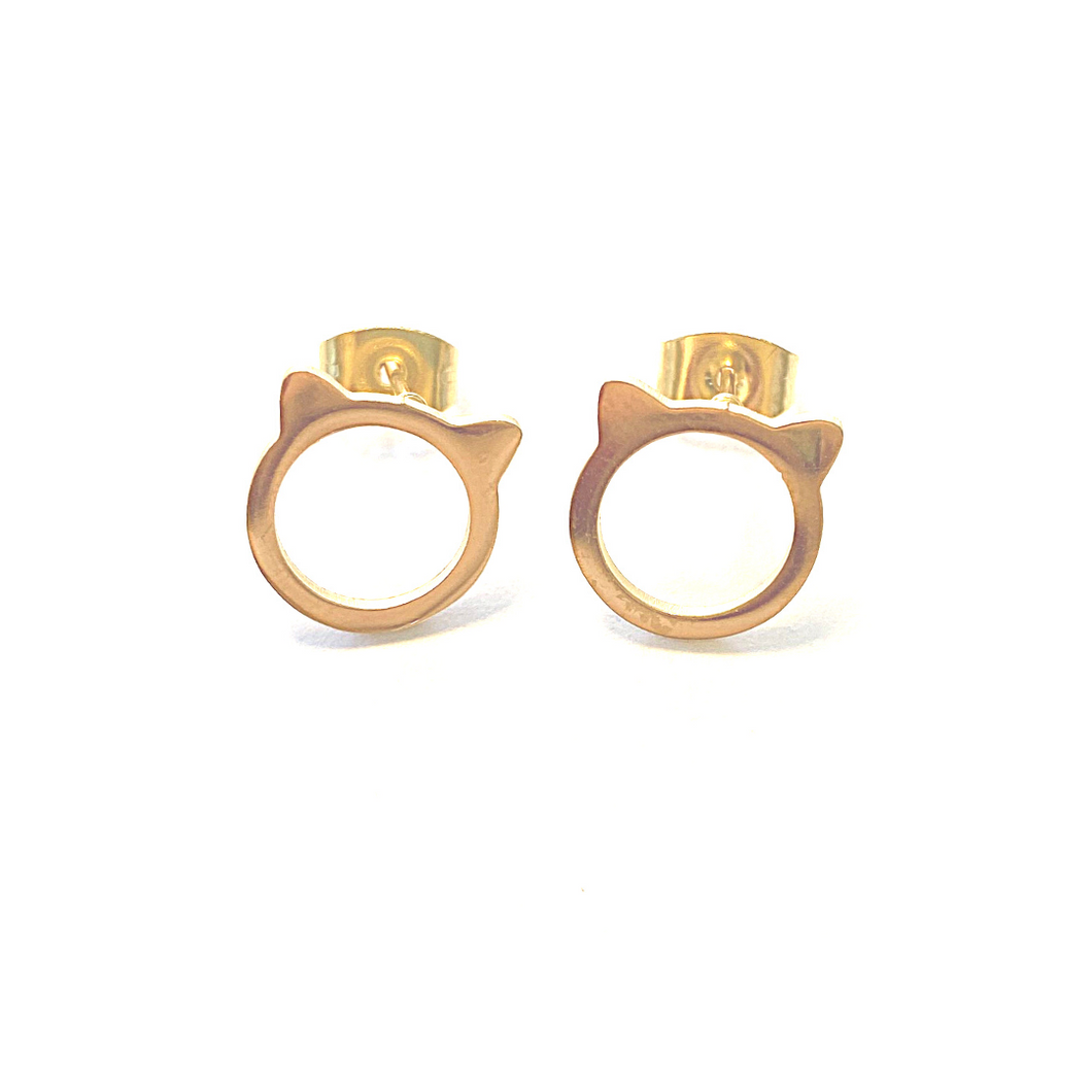Cat Head Gold Stud Earrings
