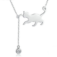 Load image into Gallery viewer, Sterling Silver cat necklace pendant with cubic zirconia
