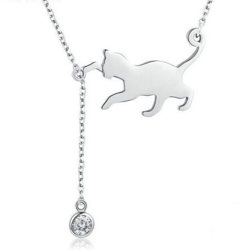Sterling Silver cat necklace pendant with cubic zirconia