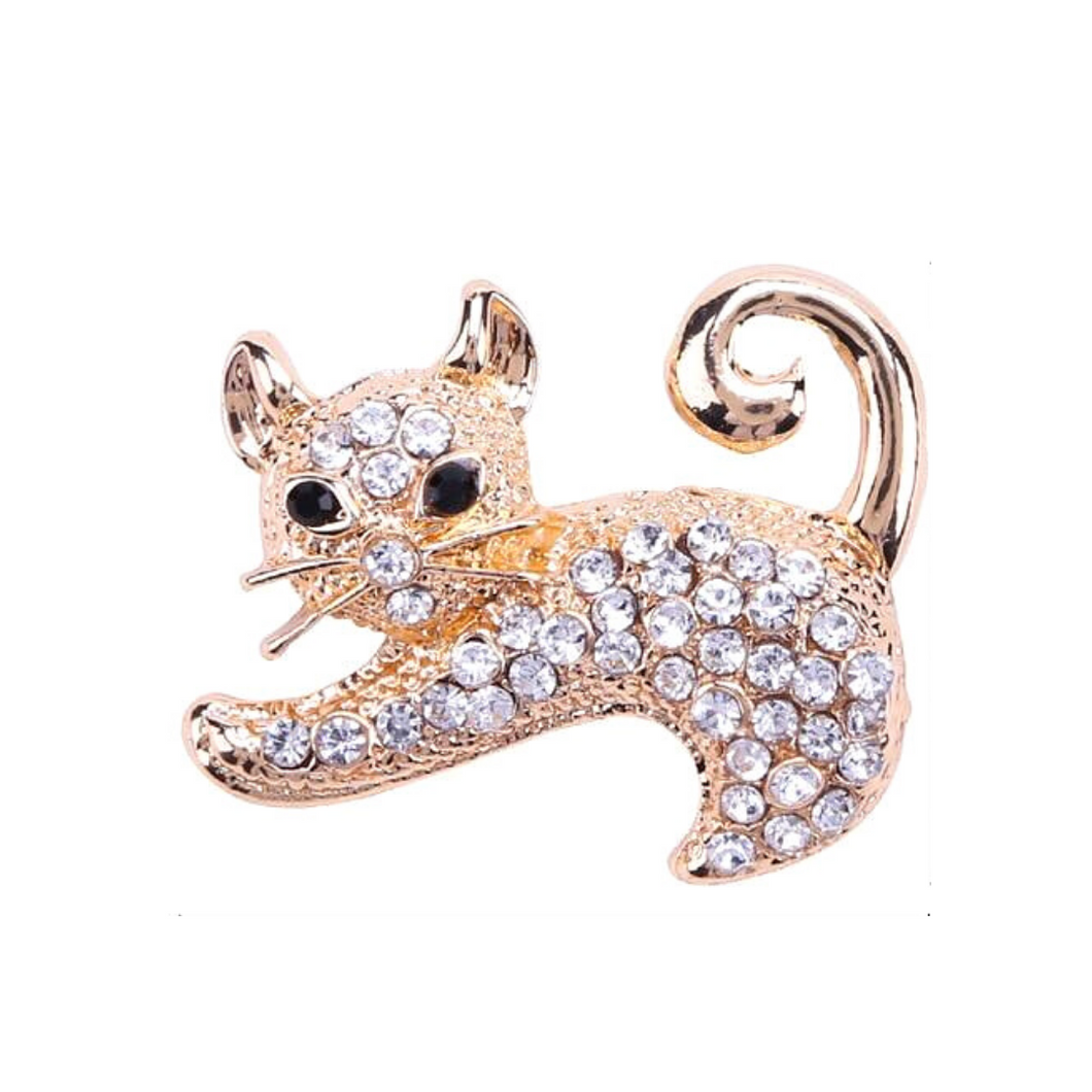 Crystal Cat Brooch with Rhinestones and black eyes