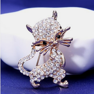 Running Cat Brooch with Rhinestones and black eyes