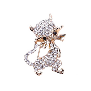 Running Cat Brooch with Rhinestones and black eyes