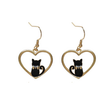 Load image into Gallery viewer, Cat Love Earrings in Black and Gold
