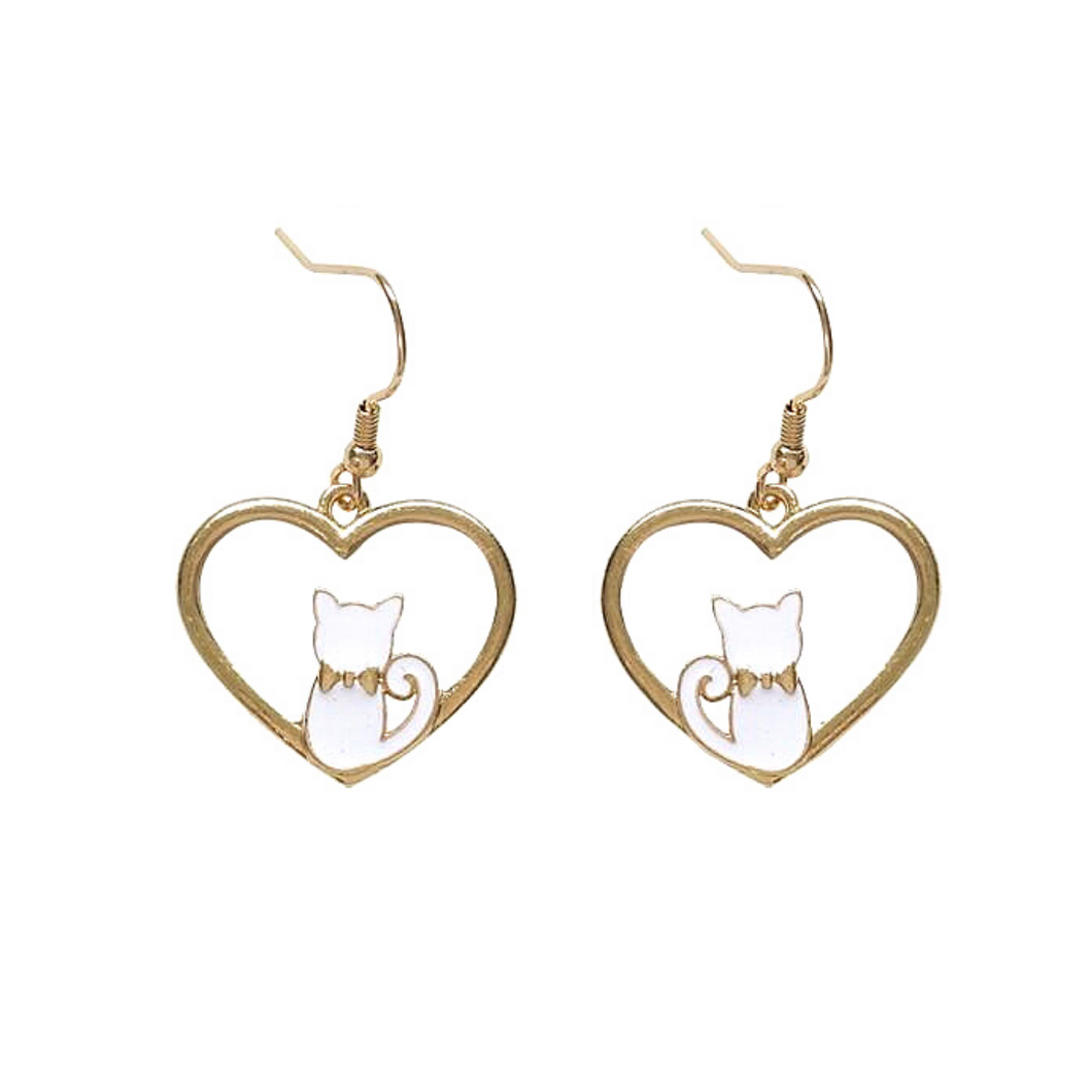 Cat Love Earrings in White and Gold