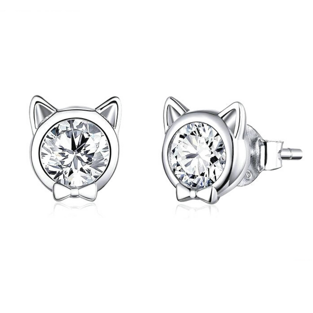 Bow Tie Kitty Earrings in Sterling Silver and cubic zirconia