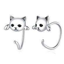 Load image into Gallery viewer, Sterling Silver 925 Cute Tail Cat Earrings with black cubic zirconia eyes
