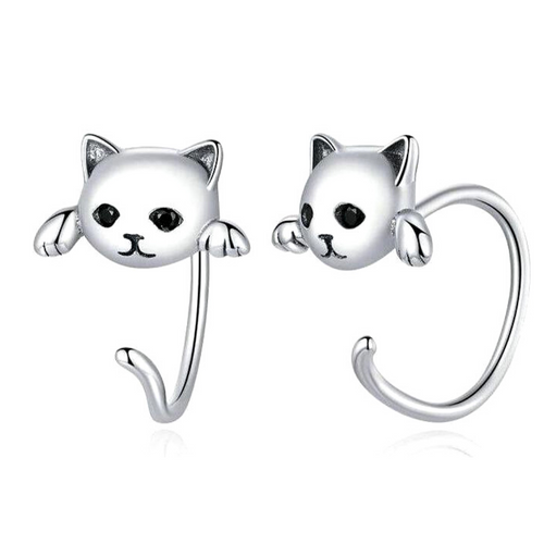 Sterling Silver 925 Cute Tail Cat Earrings with black cubic zirconia eyes