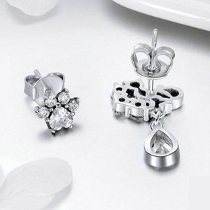 Cubic Zirconia Cat & Paw Earrings in Sterling Silver