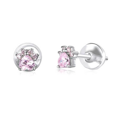 Pink Paw Earrings in Sterling Silver
