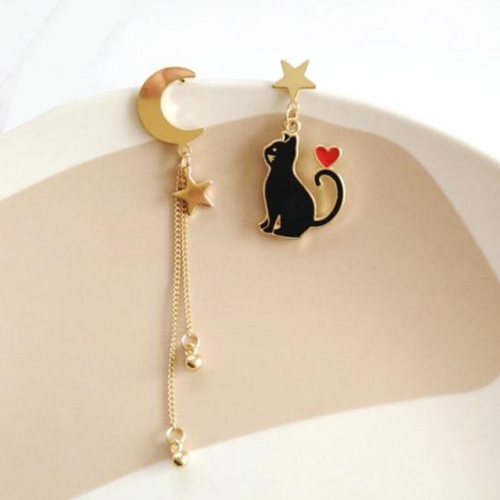 Black cat, star and moon gold earrings