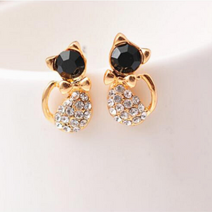 Rhinestone Cat Bow Earrings with Gold