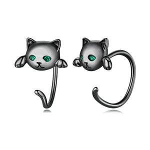 Cute Tail Earrings in Black with green eyes