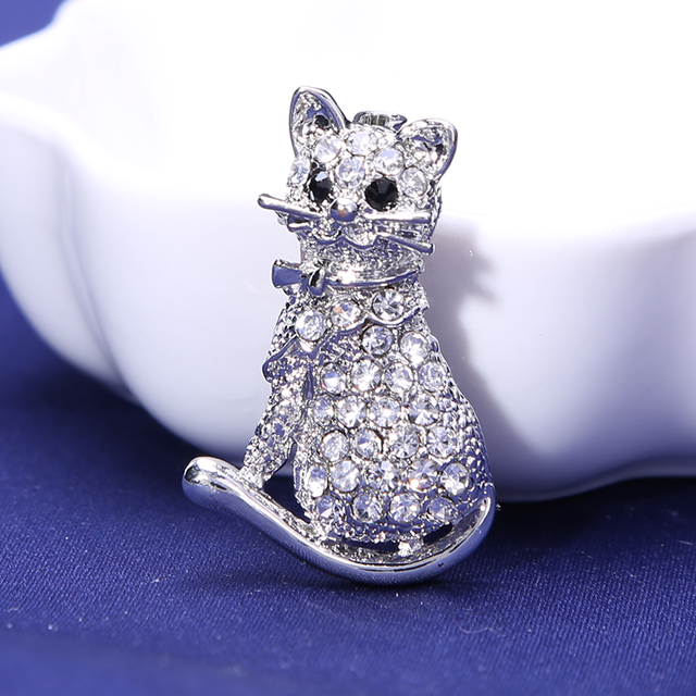 Cat Rhinestone Brooch Silver
