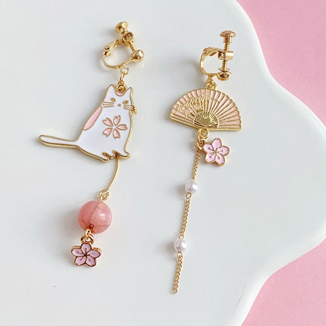 Cat & Fan Clip On Earrings