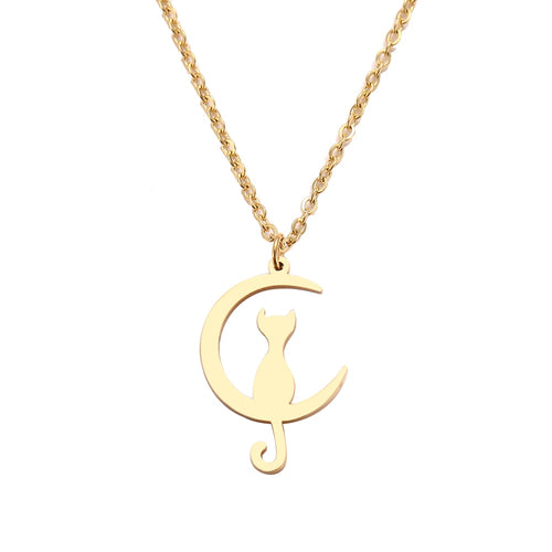 Cat on Crescent Moon Necklace in Gold
