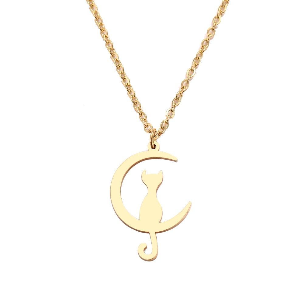 Cat on Crescent Moon Necklace in Gold