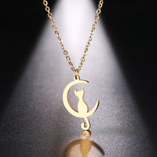 Load image into Gallery viewer, Cat on Crescent Moon Necklace in Gold
