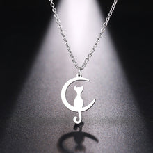 Load image into Gallery viewer, Cat on Crescent Moon Necklace in Silver

