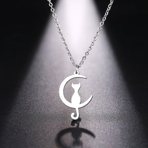 Cat on Crescent Moon Necklace in Silver
