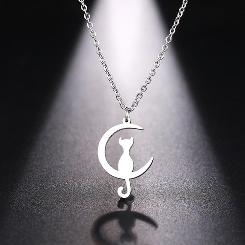 Cat on Crescent Moon Necklace in Silver