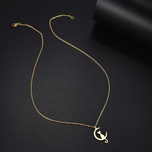Cat on Crescent Moon Necklace in Gold