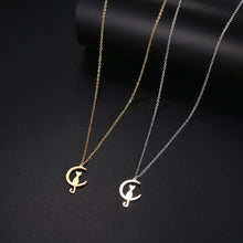 Load image into Gallery viewer, Cat on Crescent Moon Necklace in Gold and Silver
