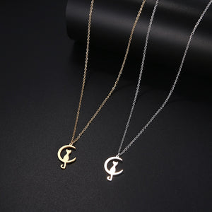 Cat on Crescent Moon Necklace in Gold and Silver