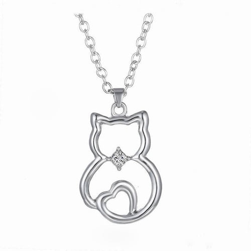 Silver & Crystal Cat & Heart Neklace on pendant