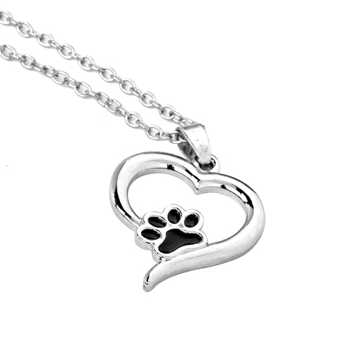 Silver Heart Necklace with Black paw 