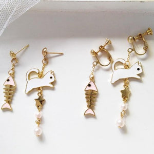 Cat & Fish Earrings White Pierced & Clip On