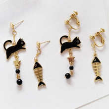 Load image into Gallery viewer, Cat &amp; Fish Earrings Black Pierced &amp; Clip On
