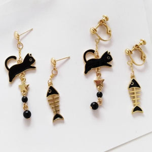 Cat & Fish Earrings Black Pierced & Clip On