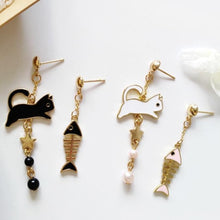 Load image into Gallery viewer, Black &amp; White Cat &amp; Fish Earrings Pierced
