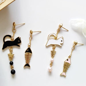 Black & White Cat & Fish Earrings Pierced