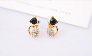 Gold rhinestone Cat Bow Stud Earrings with black stone face