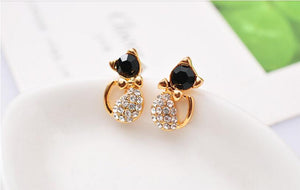 Gold rhinestone Cat Bow Stud Earrings with black stone face