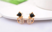 Load image into Gallery viewer, Gold rhinestone Cat Bow Stud Earrings with black stone face
