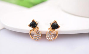 Gold rhinestone Cat Bow Stud Earrings with black stone face