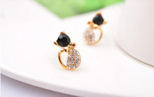 Load image into Gallery viewer, Gold rhinestone Cat Bow Stud Earrings with black stone face
