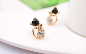 Gold rhinestone Cat Bow Stud Earrings with black stone face