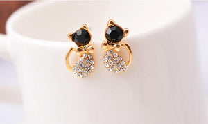 Gold rhinestone Cat Bow Stud Earrings with black stone face