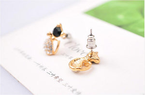 Gold rhinestone Cat Bow Stud Earrings with black stone face