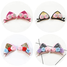 Load image into Gallery viewer, Silver Glitter &amp; Rose bud Cat Ear Hair Clip
