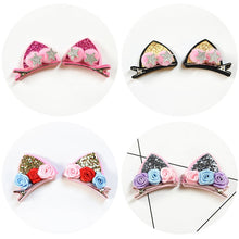 Load image into Gallery viewer, Gold Glitter &amp; Rose Bud Cat Ear Hair Clip
