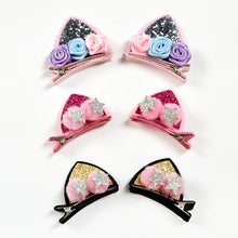 Load image into Gallery viewer, Silver Glitter &amp; Rose bud Cat Ear Hair Clip
